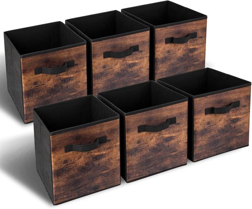 EWES 13 Inch Fabric Storage Cubes - 6 Pack Foldable Bins with Handles for Closet & Shelf Organization | Brown & Black