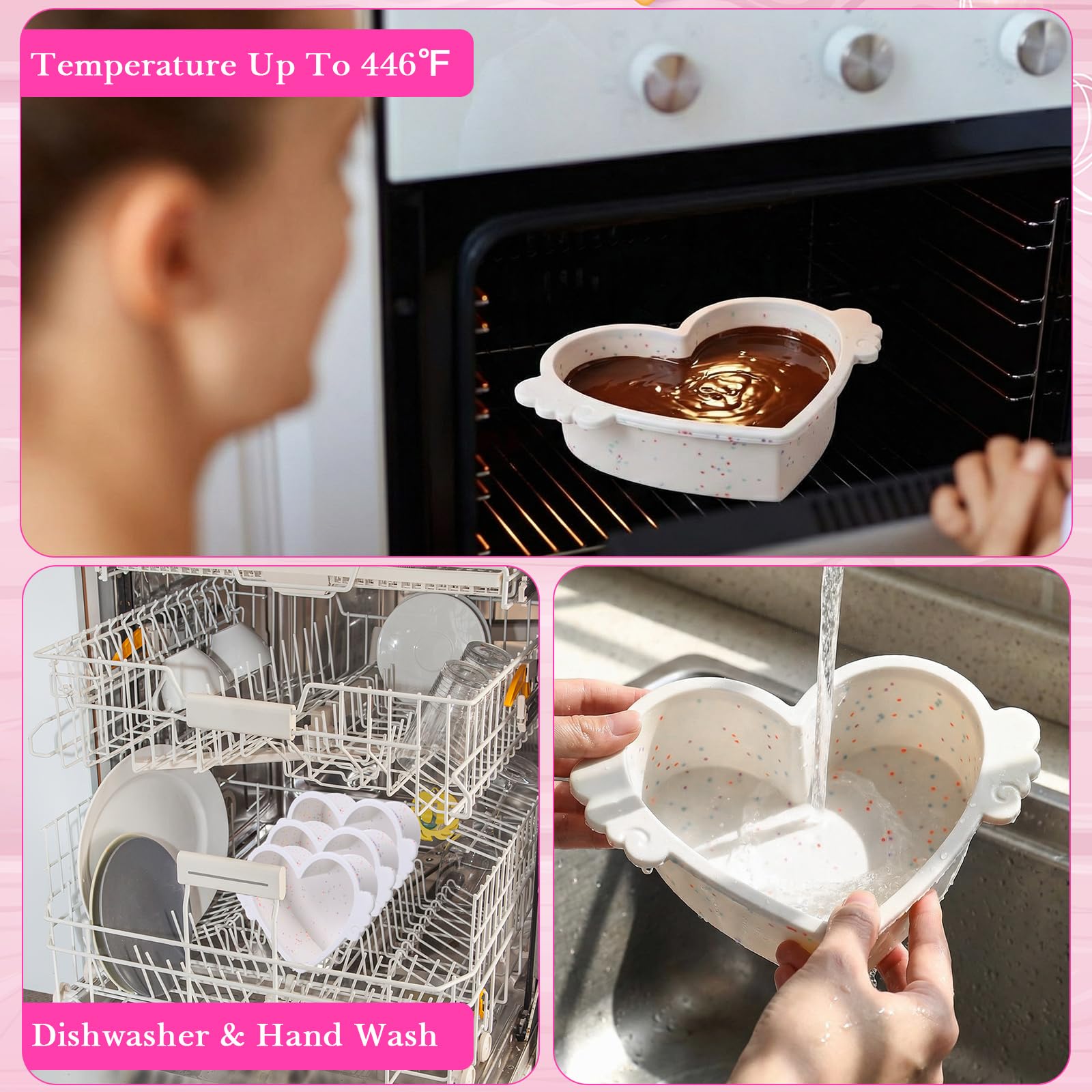 Potchen 4 Pcs 6 Inch Heart Shaped Cake Pans with Metal Reinforcement Frame Non-stick Silicone Heart Shaped Cake Molds for Baking