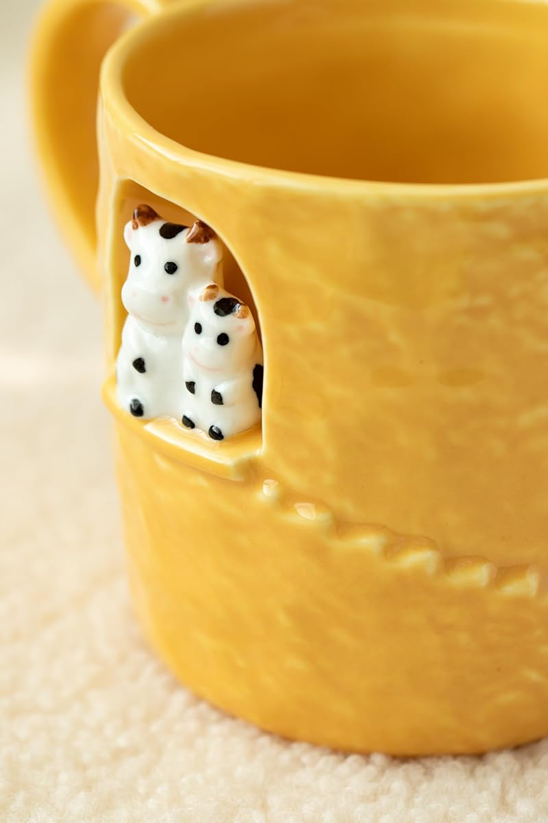 Dihoclub Yellow Parent-Child Cow Ceramic Coffee Mug — 14 oz Handcrafted Tea Cup with Window Sill Sculpture