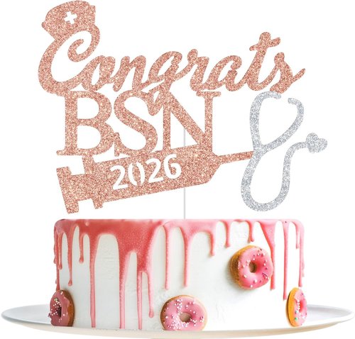 BSN 2026 Cake Topper - Rose Gold Glitter Graduation Decorations for Nurse RN Medical School