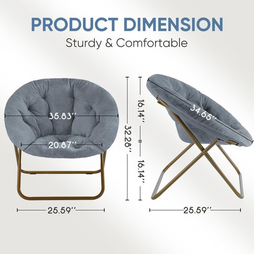 DUMOS Comfy Saucer Chair, Faux Fur Lounge Seasting XL Circle Chair for Bedroom, Dorm & Gaming, Foldable Fashion Accent Seat for Small Spaces, Folding Moon/Mushroom/Round Oversized Style