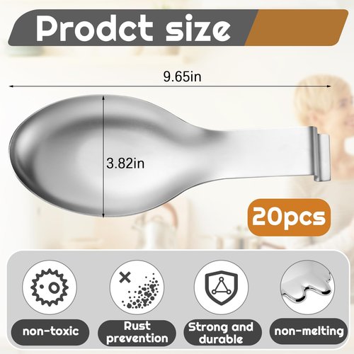Nuanchu 20 Pcs Stainless Steel Spoon Rest Spatula Ladle Holder Spoon for Stove Top Heavy Duty Spatula Holder for Countertop Dishwasher Safe Utensil Rest for Kitchen, 3.8 x 9.6" (Silver)