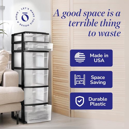 HOMZ 6-Tier Drawer Tower - Heavy-Duty Clear Plastic Storage Organizer Cart for Home & Closet