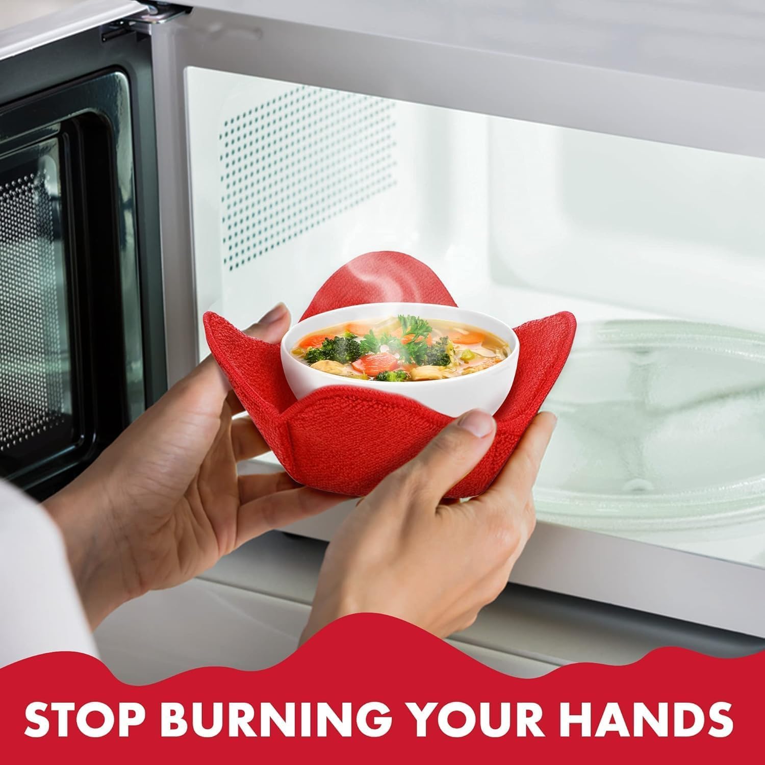 Microwave Bowl Cozies Warmers Food Microfiber Heat Resistant Food Warmer Set Microwave Safe Hot and Cold Bowls Holder Without Burning Your Hands Set of 4 Microwave Bowl Holders (Red)