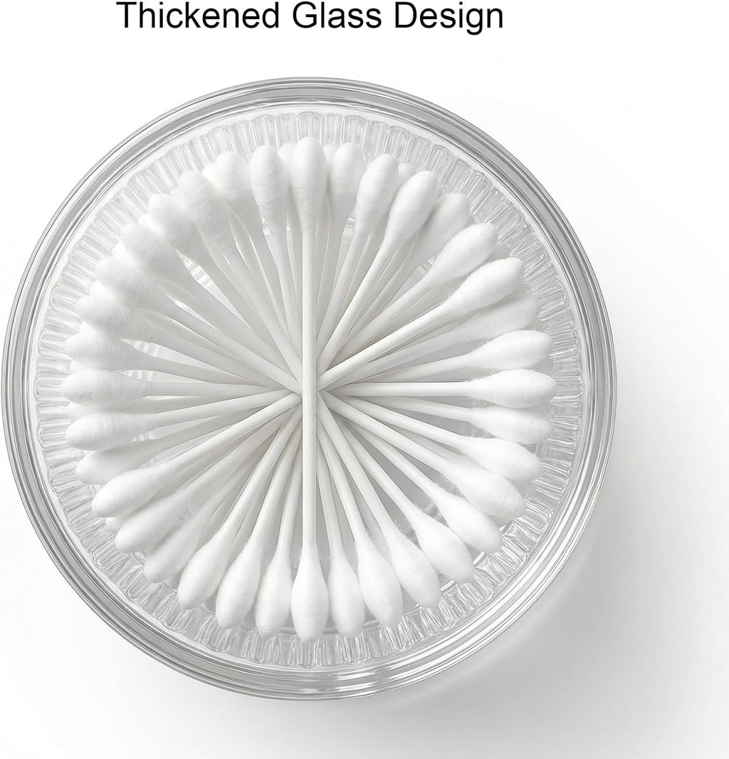 Rejomiik Glass Qtip Holder Dispenser - 2 Pack Apothecary Jars with Lids for Cotton Swabs & Makeup Storage