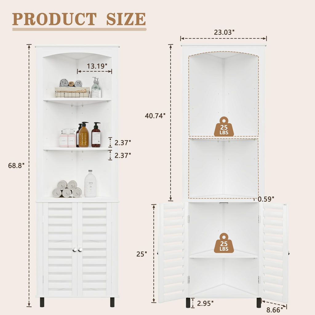 VECELO Tall Corner Cabinet, 68.8'' Storage Cabinet with Doors and Adjustable Shelves, for Living Room, Bathroom, Kitchen, White