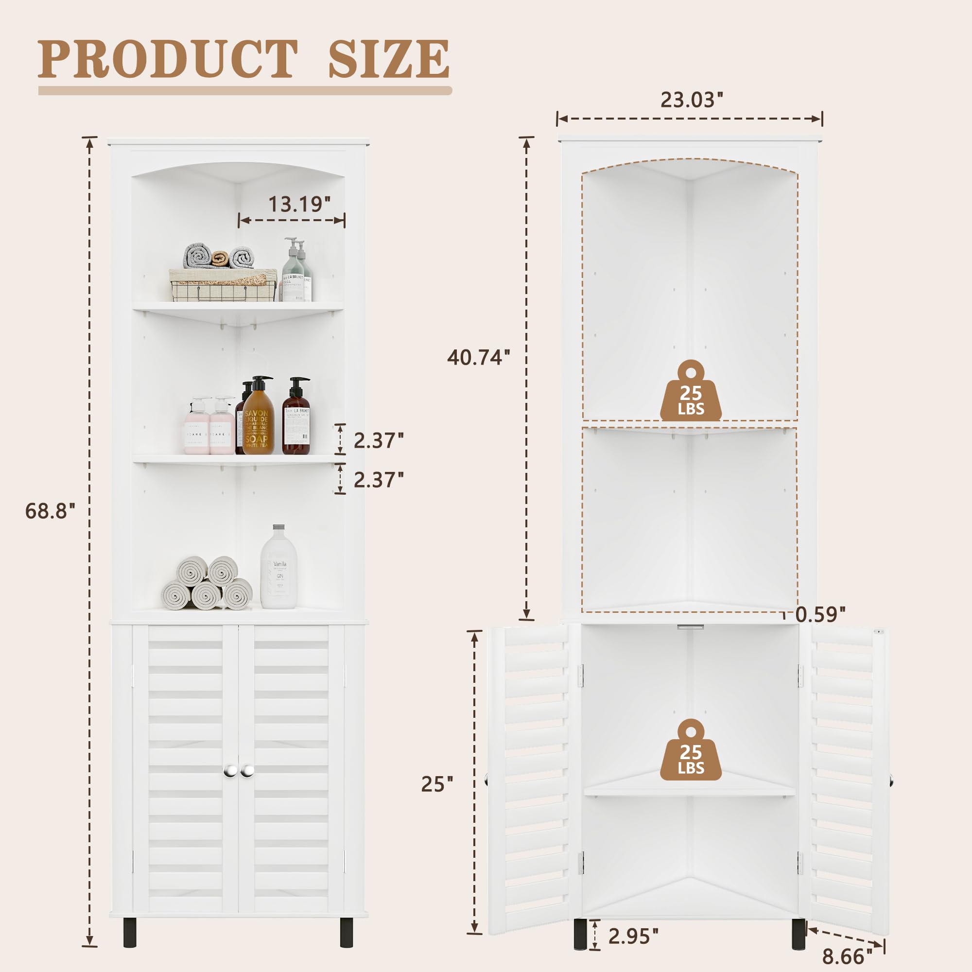 VECELO Tall Corner Cabinet, 68.8'' Storage Cabinet with Doors and Adjustable Shelves, for Living Room, Bathroom, Kitchen, White
