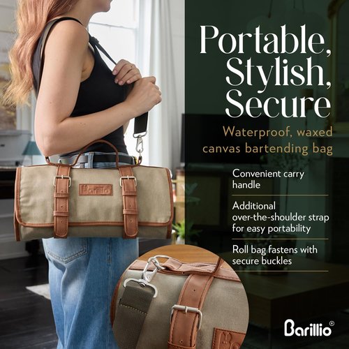 Barillio Bartender Bag (Without Tools) - Stylish, Waxed Canvas, Roll Up Traveling Bar Bag for Carrying Bar Tools and Cocktail Shaker Set with Shoulder Strap - Portable Travel Bartending Roll