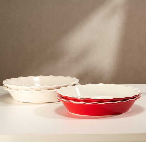 KooK Ceramic Pie Pan - Reusable Round Baking Dish for Quiche & Casseroles | 9-Inch, Wave Edge, Set of 2, Cherry