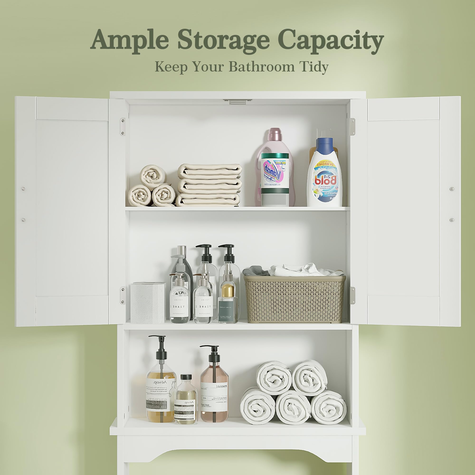 VECELO Over The Toilet Storage Cabinet, Over Toilet Bathroom Shelf with Double Doors and Anti-Tip Device, Inner Adjustable Shelf, White