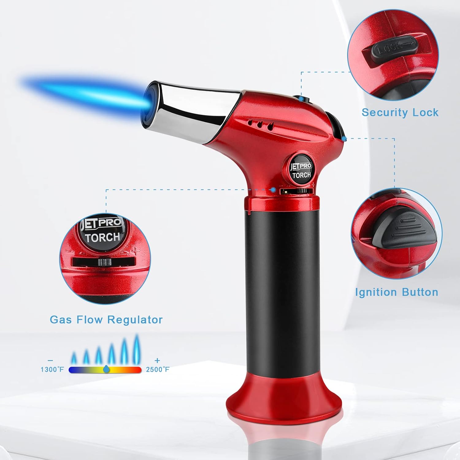 Skiennix Butane Kitchen Torch Lighter - Refillable Cooking Torch with Adjustable Flame & Safety Lock | Red