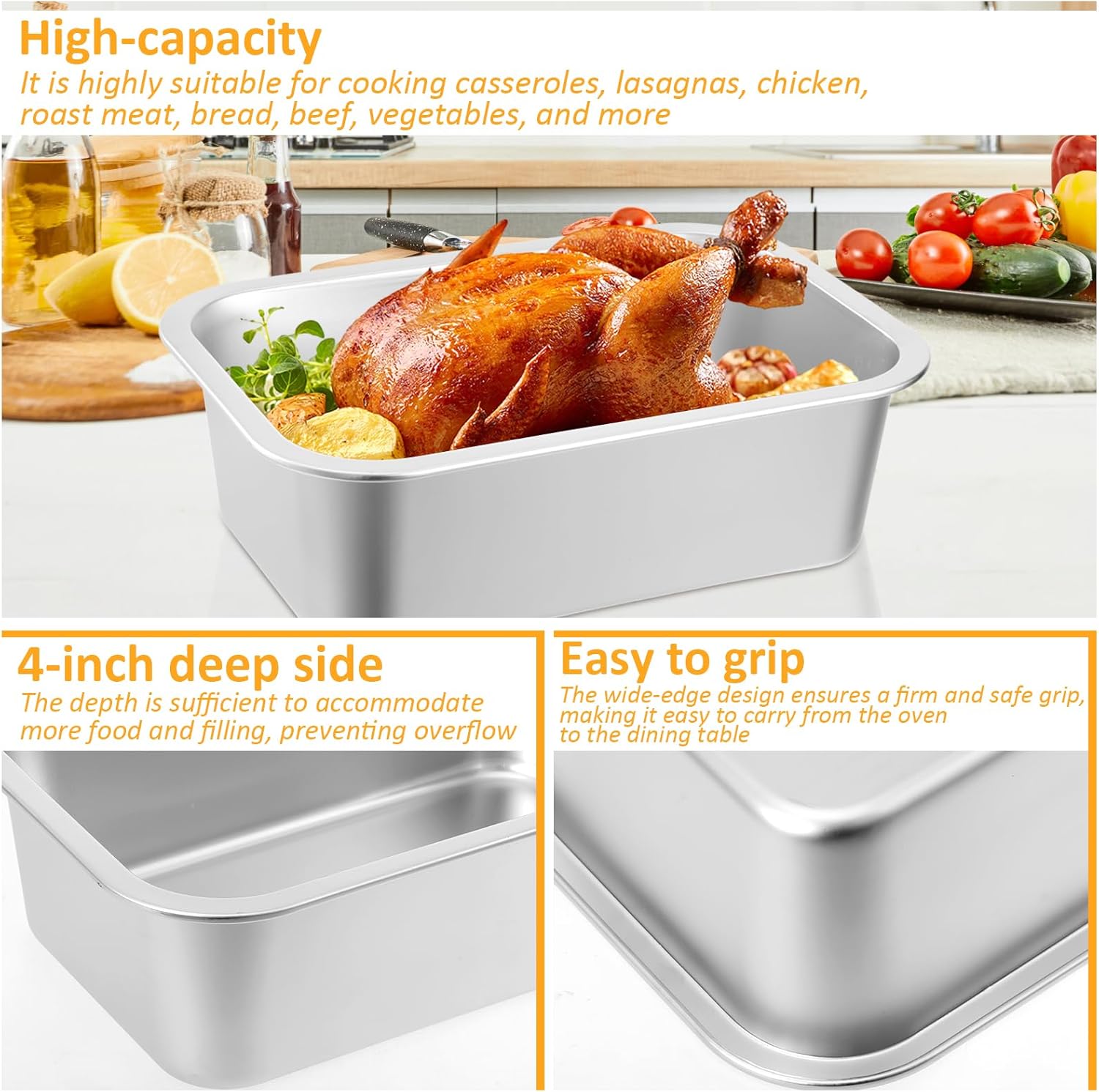 Skiennix 4-Inch Extra Deep Lasagna Baking Pan - 304 Stainless Steel with Lid, 8.7x12.6 Inch, Silver
