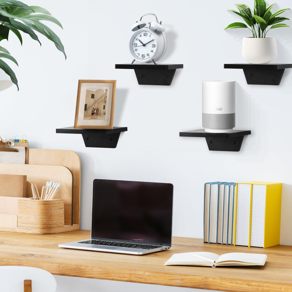 PHOENANCEE Small Floating Shelves,Speaker Shelf,Trapezoid Wall Shelf for Table Lamp Plants Display,Decorative Wood Ledges Chic for Living Room,Bedroom,Kitchen,Office,Pine,8x6 Inch,2 Pack(Black)
