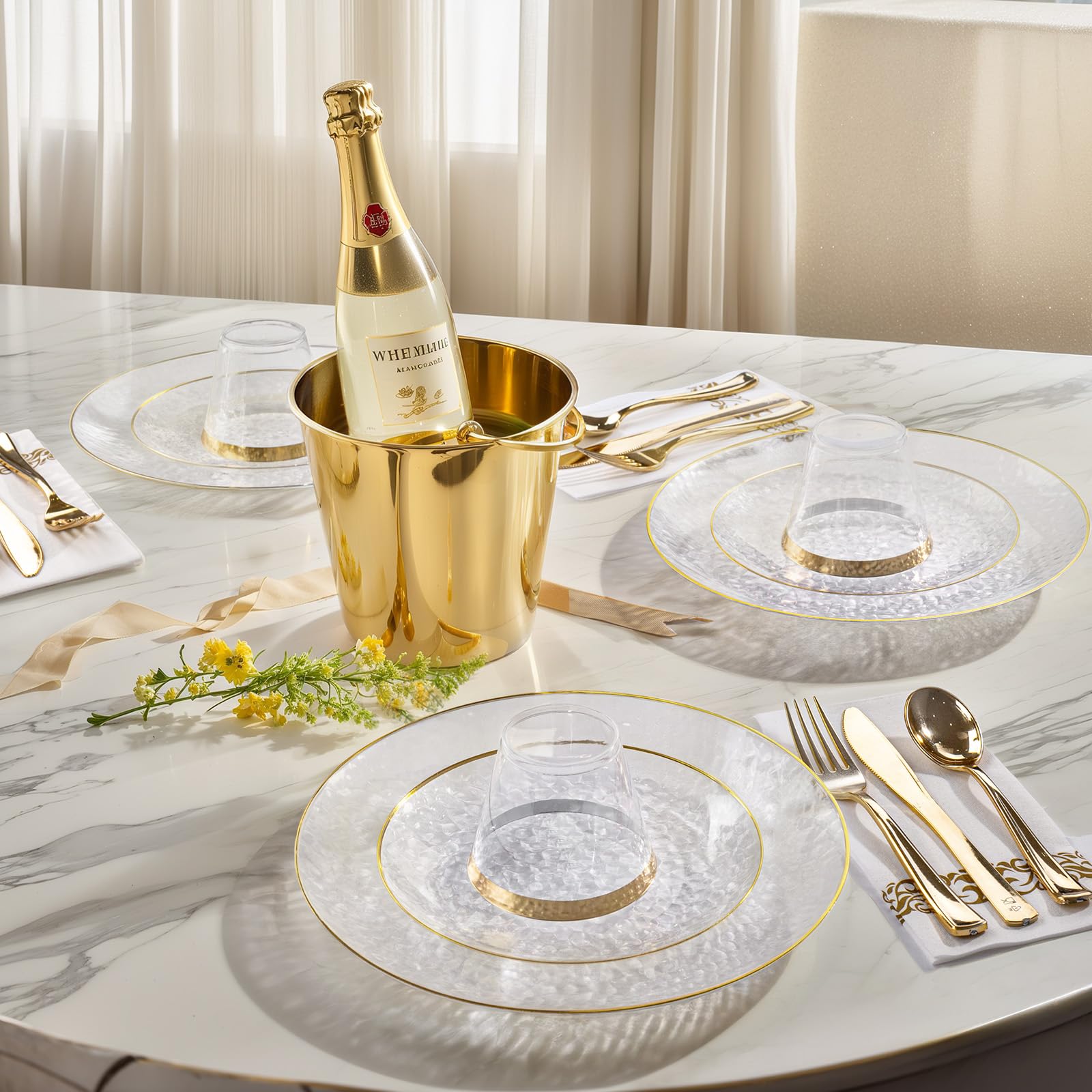 DaYammi 175PCS Clear Gold Plastic Dinnerware Set, Plastic Plates Disposable Hammered Disposable Plates for Party, Include: 25 Dinner Plates 25 Dessert Plates 75 Gold Silverware 25 Napkins 25 Cups