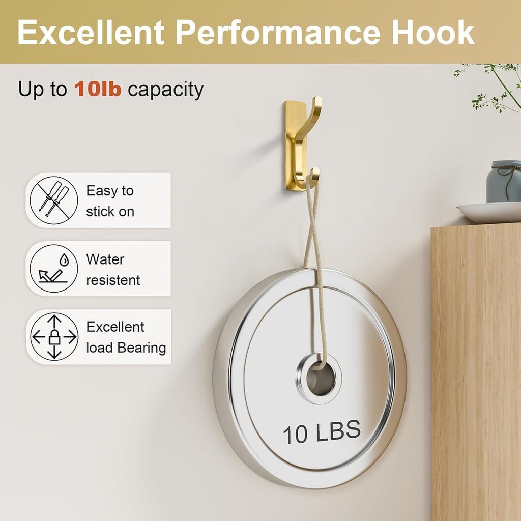 Pickpiff Adhesive Wall Coat Hooks - Heavy-Duty Stick-On Metal Hangers for Towels, Bags & Clothes - Gold, 6 Pack
