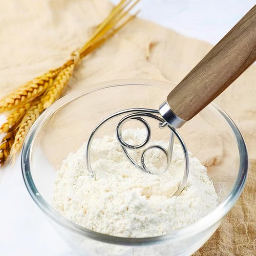 Danish Dough Whisk, Sourdough Dough Bread Whisk Supplies for Cake Pizza Pastry Biscuits, Wooden Hand Stainless Steel Ring Sourdough Baking (Walnut Wood)