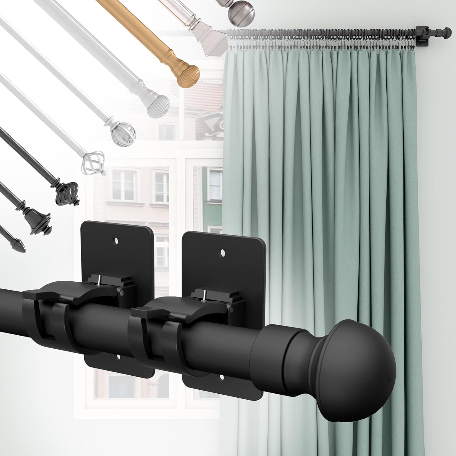 Skiennix Self-Adhesive Curtain Rod Brackets - No Drill, Universal Plastic Holders for Home Use | Black, 2 Pieces