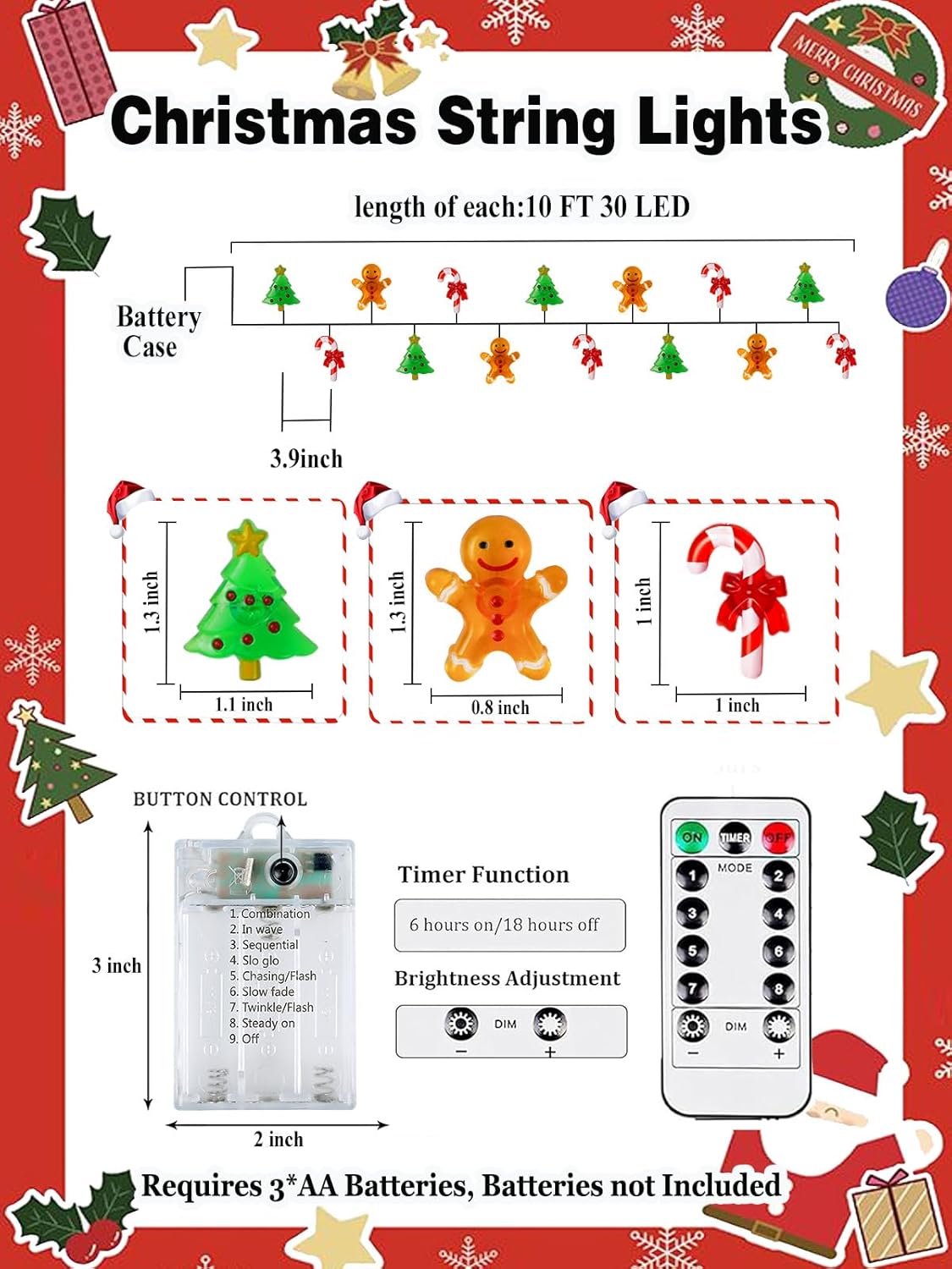 Skiennix Christmas String Lights - 10ft 30LED Fairy Lights with Remote & Timer | Gingerbread Man & Candy Cane Design