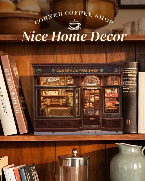 Cutefun Book Nook Kit - DIY Miniature Coffee Shop Bookend with LED Light | 3D Wooden Puzzle for Book Lovers