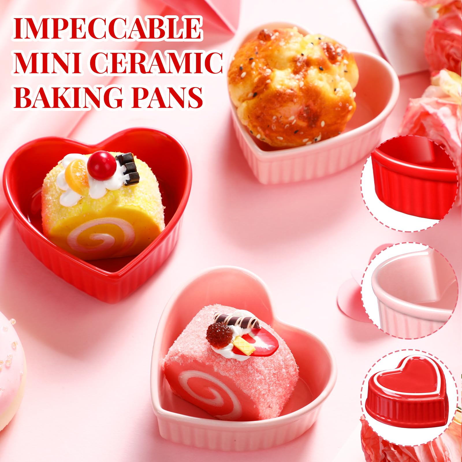 Reallnaive 8 Pcs Heart Shaped Ramekin Creme Brulee Ramekins Oven Safe 3.54 x 3.54 x 1.57 Inch Heart Shaped Bowl Small Baking Ceramic Ramekins Dishes for Souffle Snacks Quiche Sauces(Pink and Red)