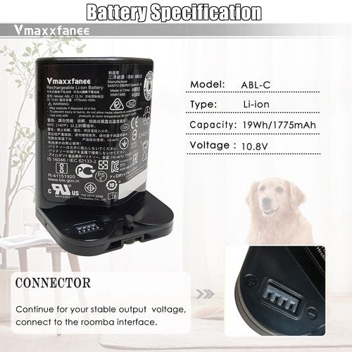 Vmaxxfanee for Roomb Replacement Lithium Ion Battery ABL-C Compatible with braava Jet M6 Series M611020 M612680 M612880 M614480 3INR19/65 10.8V 1775mAh 19Wh