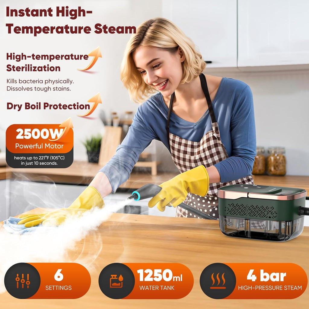Skiennix Steam Cleaner - 2500W Handheld Grout Cleaning Machine with 1.32QT Tank & 10 Attachments | Green/Gold