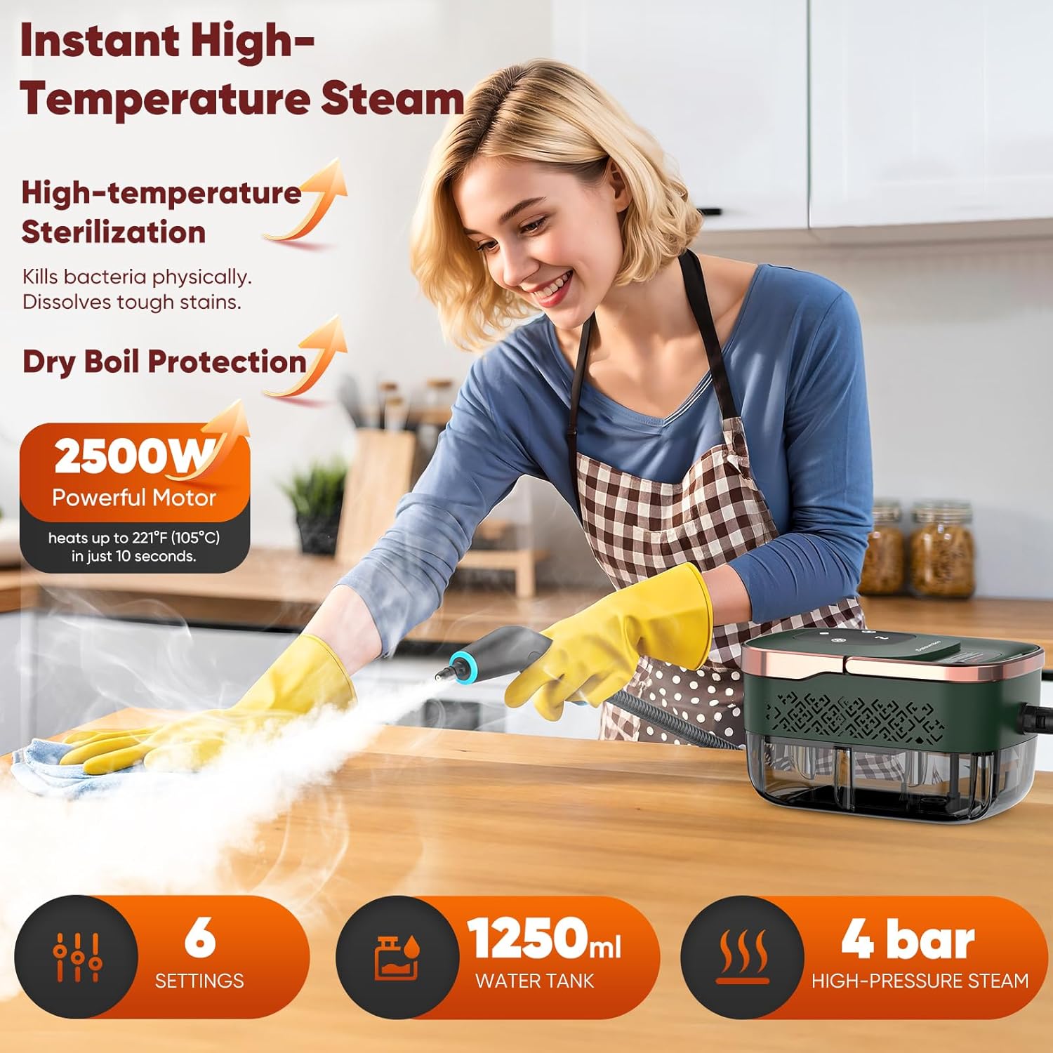 Skiennix Steam Cleaner - 2500W Handheld Grout Cleaning Machine with 1.32QT Tank & 10 Attachments | Green/Gold