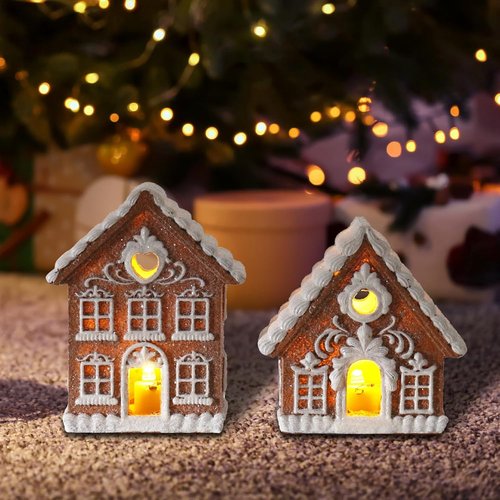 Braxio Gingerbread House Kit - 2PCS Miniature Resin Houses with LED Light | 3 Inch Indoor Christmas Decor