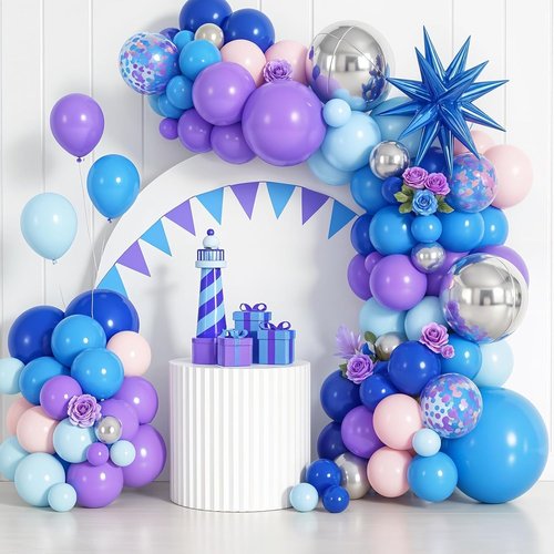 Blue Purple Silver Balloon Arch Garland Kit - Star Foil & 4D Round Balloons for Baby Shower & Birthday Party Decorations