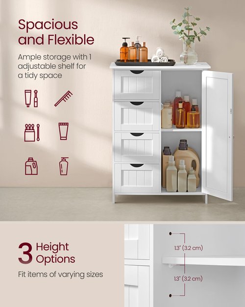 VASAGLE Storage Cabinet with Drawers, Freestanding Floor Cabinet with Door, 11.8 x 21.7 x 32.3 Inches, Adjustable Shelf, for Bathroom, Living Room, Kitchen, Cloud White ULHC041WH01S