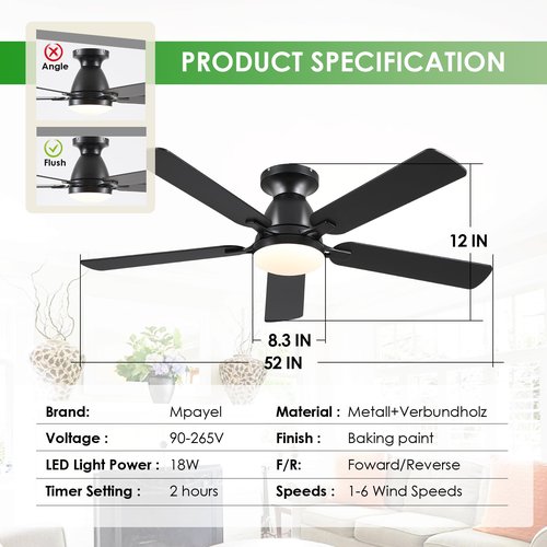 Mpayel Ceiling Fans with Lights, 52 Inch Flush Mount Ceiling Fan with Light and Remote, Low Profile Black Ceiling Fan for Bedroom Living Room, Quiet DC Motor, Reversible, Dimmable LED, Black