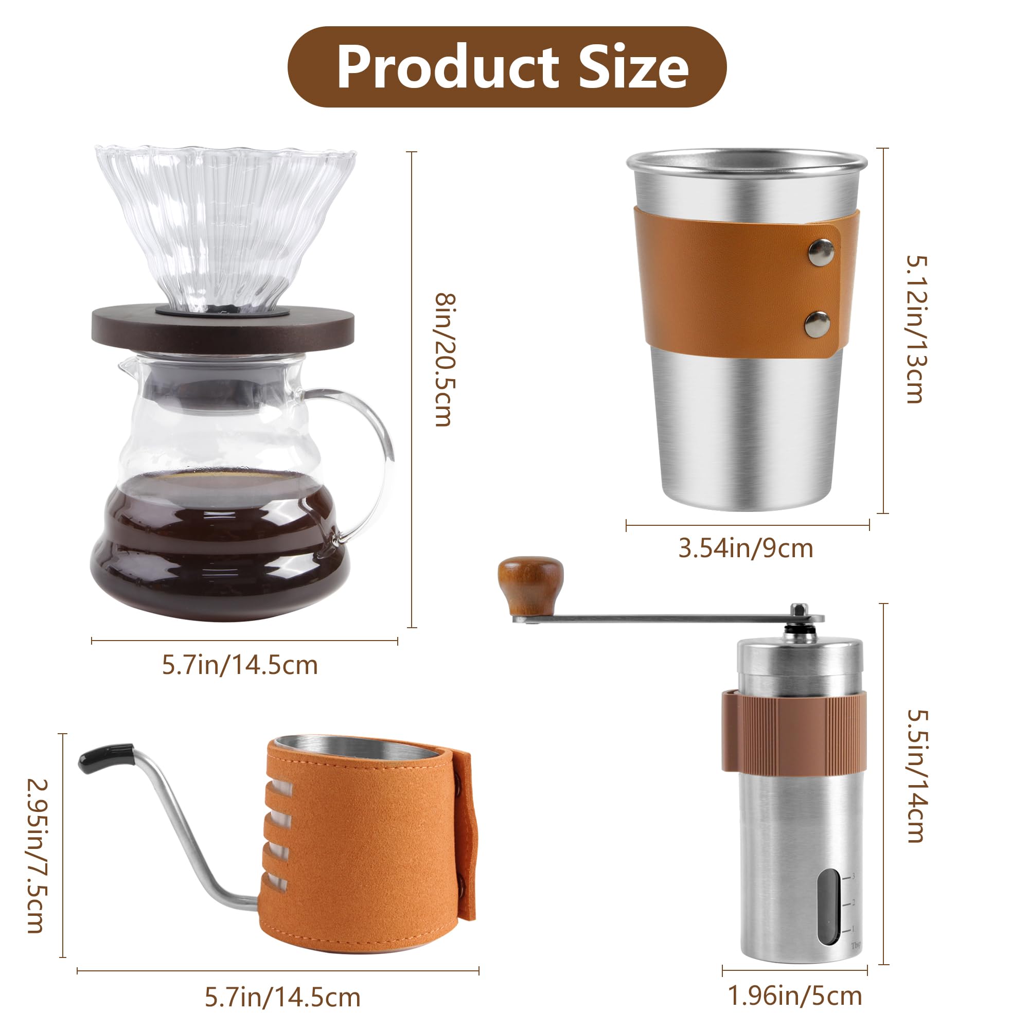 LHS Pour Over Coffee Maker Set - All in One Pour Over Coffee Kit, Travel Pour Over Coffee Dripper, Manual Coffee Maker Set Grinder Brewer Dripper and Cup Set, Anniversary Birthday Gift Sets