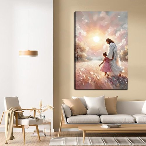 Jesus and Children Canvas Art Print - Soft Pink Sunset Wall Decor for Nursery & Living Room | 16x24 in