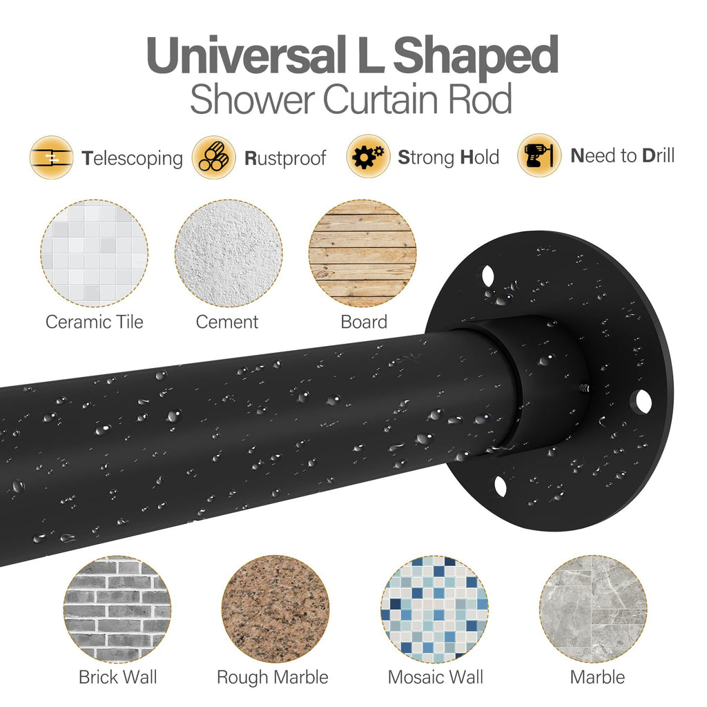 Yampos Diamond Shaped Corner Shower Curtain Rod, [Both Sides: 22"-34.8", Middle: 28"-43.7"] Adjustable Heavy Duty Angled Shower Curtain Pole for Bathroom with 12 Hooks & Ceiling Support - Matte Black