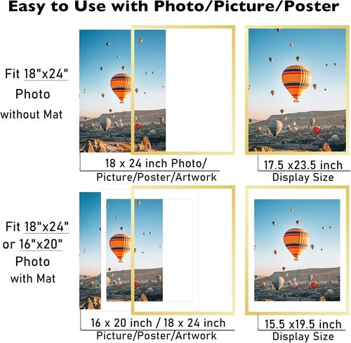 JCJMY 18x24 Picture Frame - Elegant Gold Frame with 16x20 Mat for Wall Display