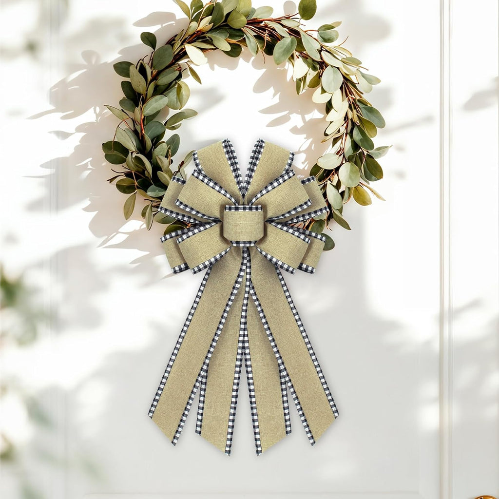 Natural Burlap Wreath Bow - Buffalo Plaid Edge Design | Perfect for Wedding & Home Decor