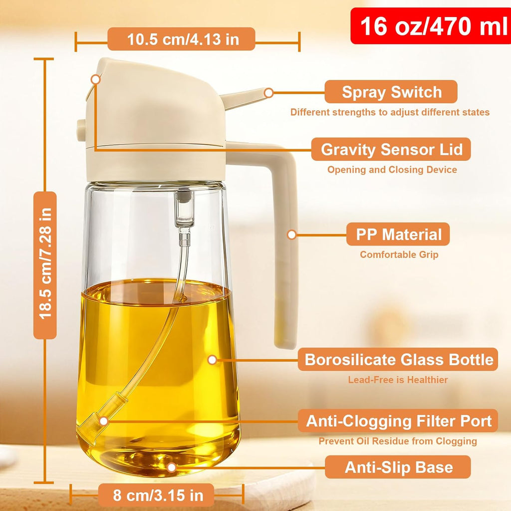 Skiennix Glass Olive Oil Sprayer - 2-in-1 Cooking Oil Dispenser Bottle | 16oz/470ml, White