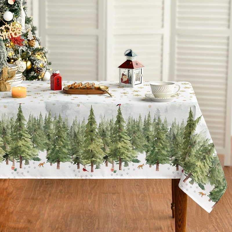 Horaldaily Christmas Tablecloth 60x60 Inch Square with Green Snow Trees - 100% Polyester