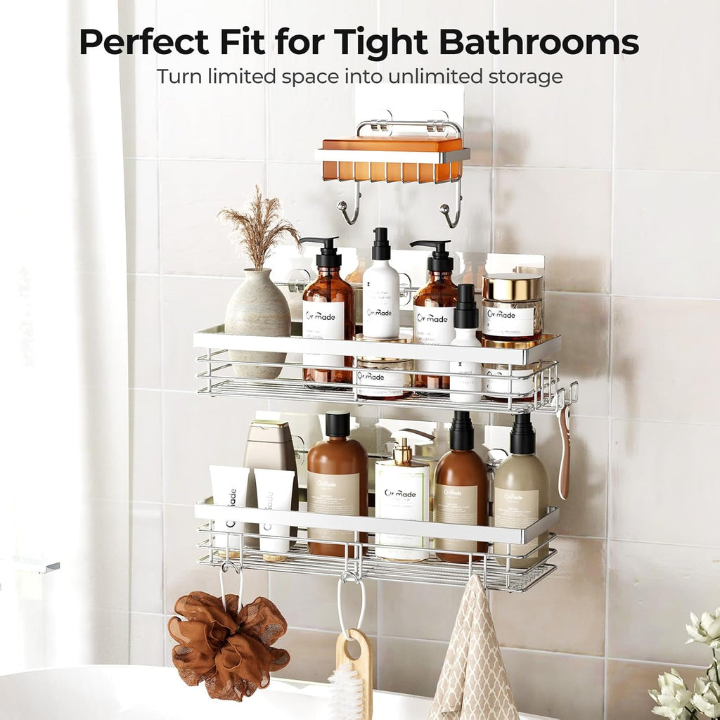 Orimade Shower Caddy - Wall-Mounted Soap Dish Holder with 5 Hooks | Stainless Steel, Silver - 3 Pack