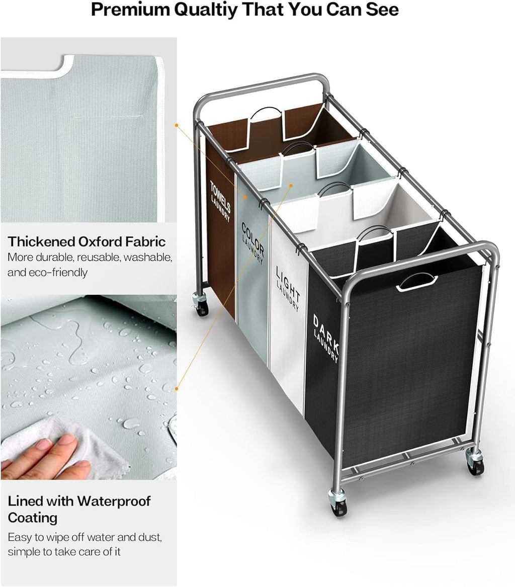 ROMOON Laundry Hamper Cart - 4-Section Organizer with Lockable Wheels & Removable Bags | 180L Rolling Basket for Small Spaces (Multicolor)