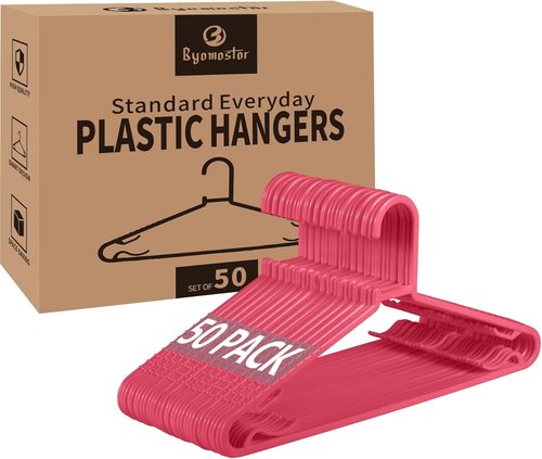 Byomostor Plastic Hangers - Durable Non-Slip G-Shape Clothes Hangers | 50 Pack in Pink