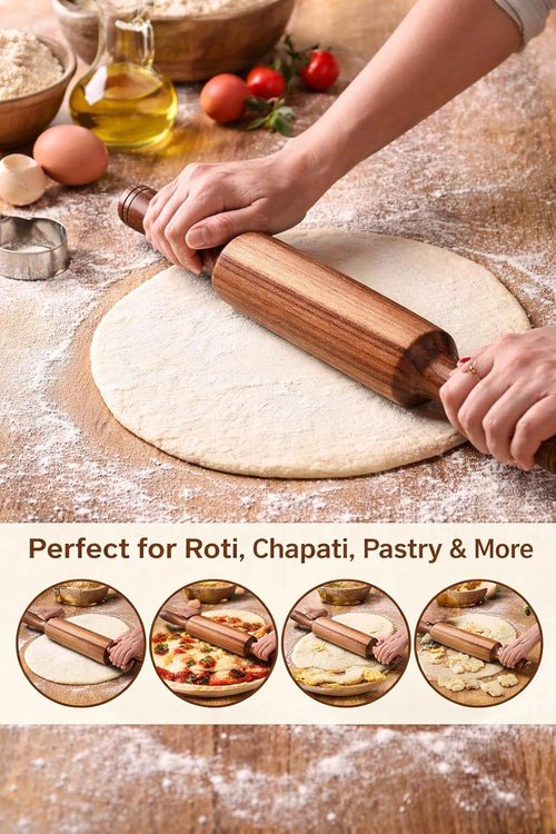 Hardwood Rolling Pin 12 Inch - Easy Grip Wooden Dough Roller for Roti, Chapati, Pastry & Pizza