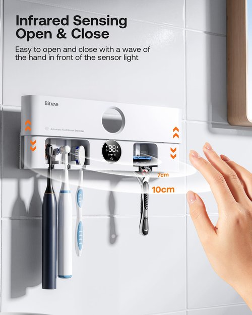 Bitvae Toothbrush Holder, Cleaning and Fast Drying, 5 Toothbrush Slots or Shaver Slot Accessories for Family, LED Smart Screen, Wall Mounted Holders for Bathrooms