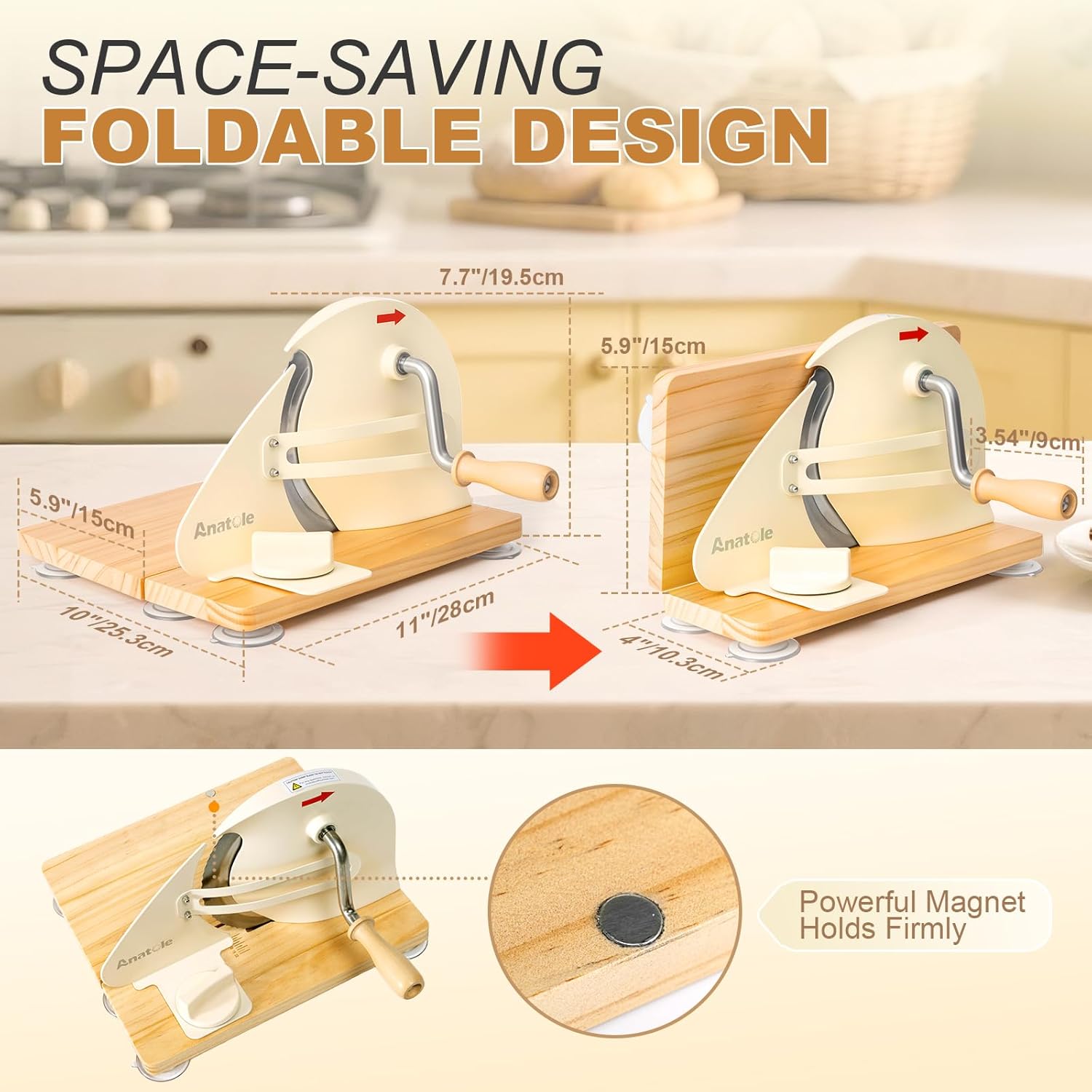 Anatole Foldable Manual Bread Slicer - Adjustable Thickness for Homemade Sourdough | Stainless Steel Blade & Suction Cups