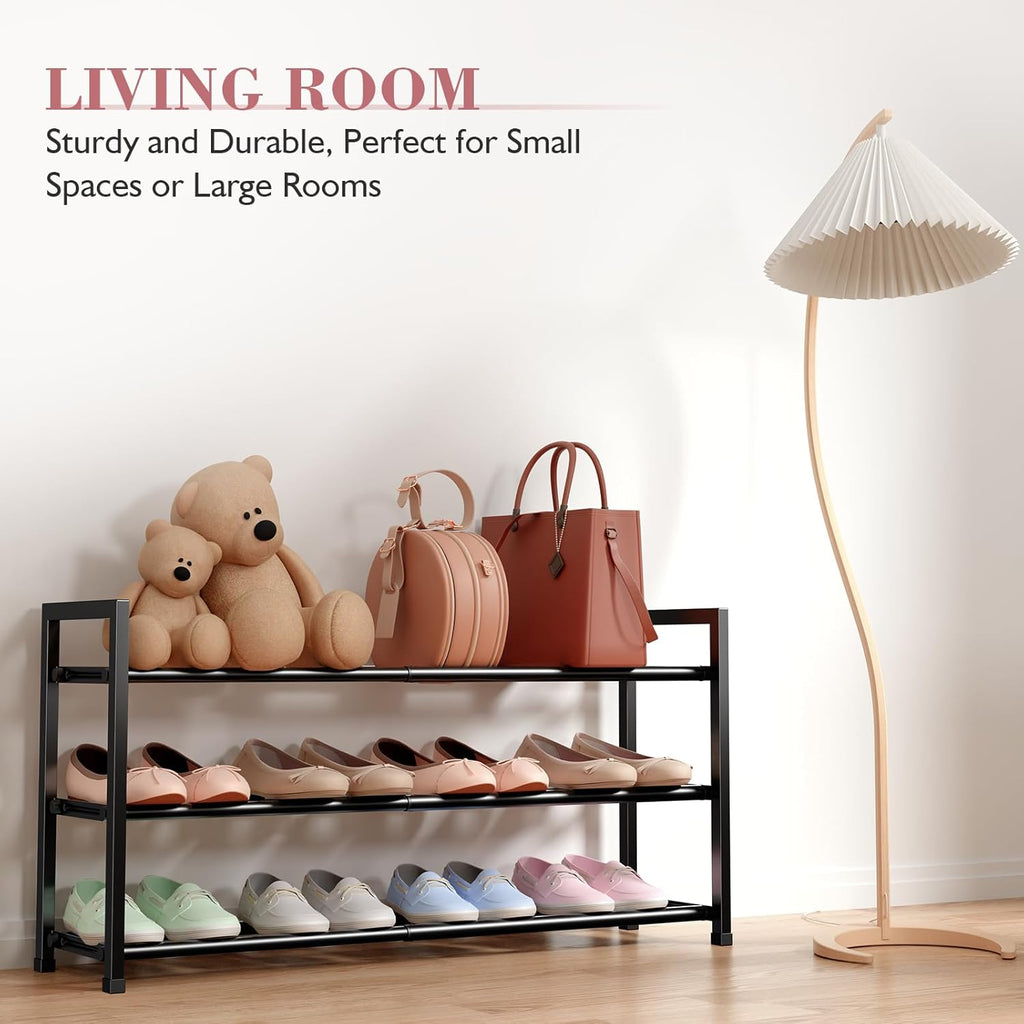 Bumusty 3-Tier Expandable Shoe Rack - Adjustable 18"-33" Organizer for Small Spaces, Sturdy Metal, Black