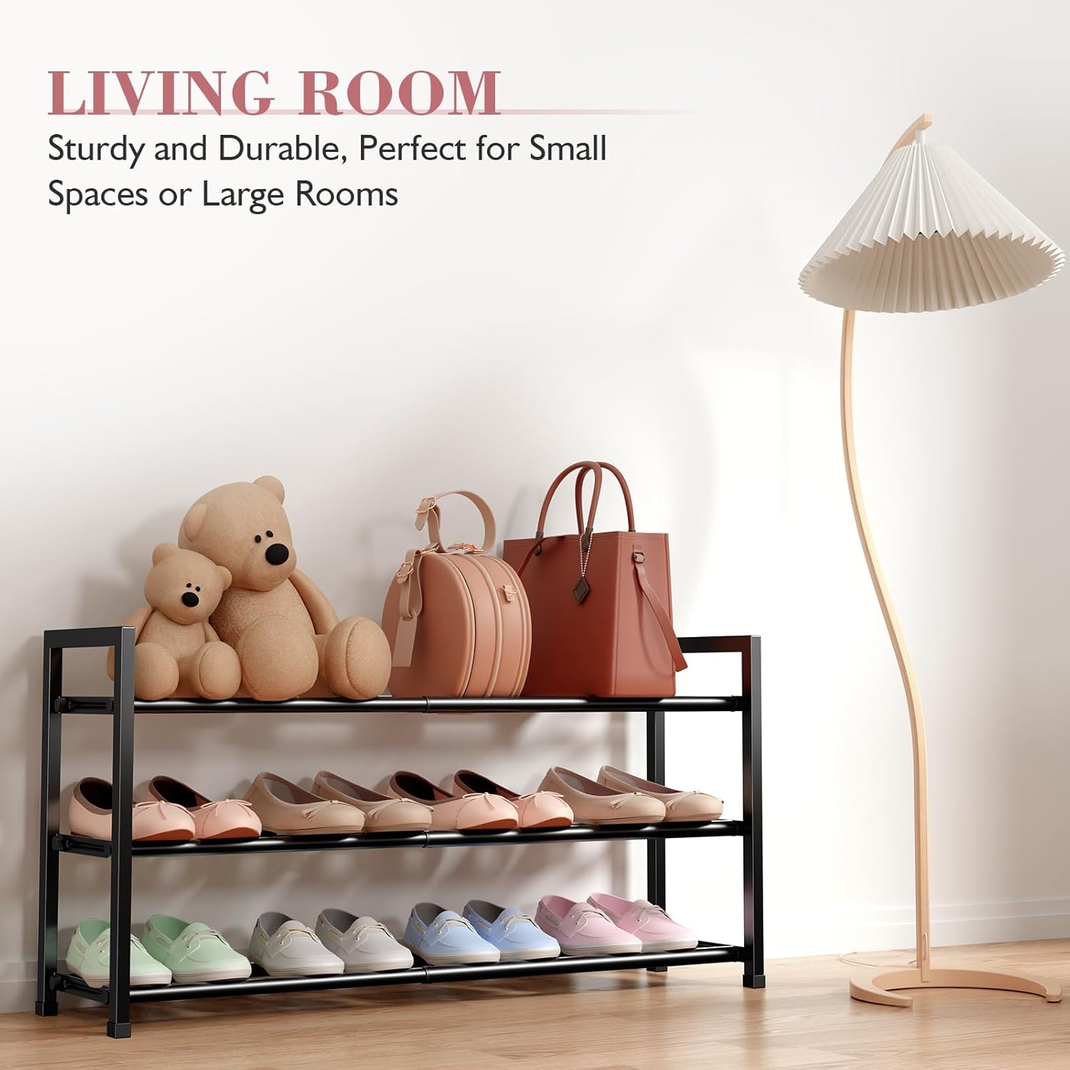 Bumusty 3-Tier Expandable Shoe Rack - Adjustable 18"-33" Organizer for Small Spaces, Sturdy Metal, Black
