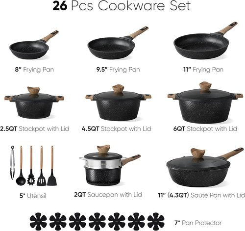 CAROTE 26-Piece Nonstick Cookware Set - Induction-Compatible, PFOA-Free, Black Pots and Pans