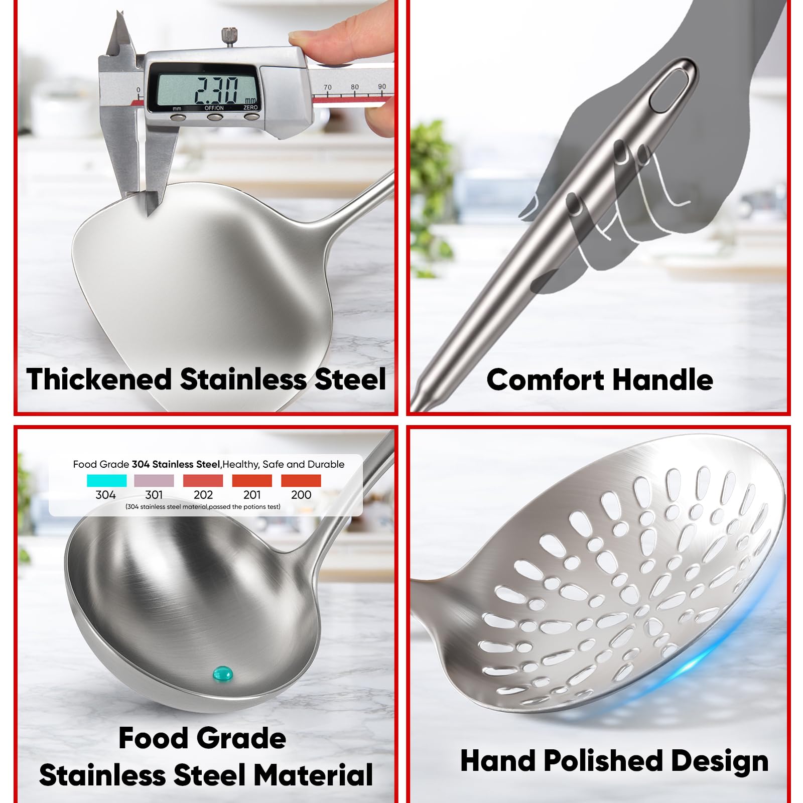 Newness 9 Pcs Cooking Utensils Set, 304 Stainless Steel Kitchen Utensils Set, Metal Kitchen Accessories, Include Soup Ladle, Slotted Skimmer Spoon, Spaghetti Spoon and Spatula, Dishwasher Safe (Short)