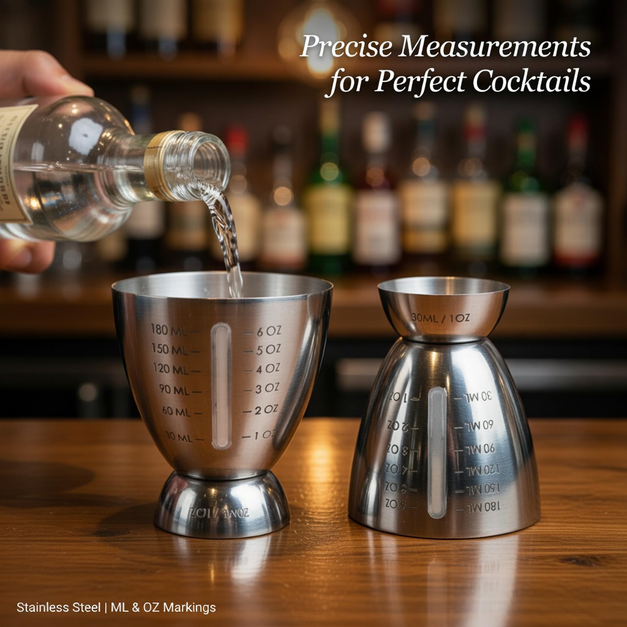 Homestia 18/8 Stainless Steel Double Jigger for Bartending, Cocktail Measuring Jigger for Bartender with Graduated Marking 1 oz to 6 oz Heavy Duty Shot Measure Cup With 1 Pourer (Set of 2)