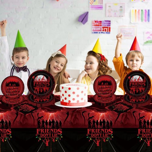 41 Stranger Birthday Party Decorations Include 20 Paper Plates of 2 Size, 20 Napkins,1 42.5x70.8inch Waterproof Plastic Tablecloth Red and Black Birthday Tableware Set
